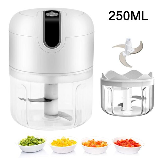 Electric Mini Food Chopper, Blender & Processor, 250ml, White, USB Rechargeable, One-Button Start, Stainless Steel Blade, Perfect for Home & Restaurants