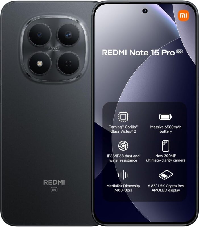XIAOMI Redmi Note 15 Pro 5G Smartphone (12+256 GB) – 6580 mAh battery, IP66/IP68 dust and water protection, New 200 MP camera, 6.83" AMOLED display, Black,18 Months Local Warranty